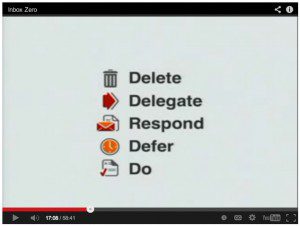 A screen shot of a video showing the words "delete" and "inbox zero.