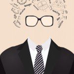 A introverted businessman with business icons on his head.