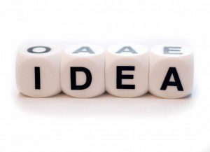 The concept of brainstorming represented by the word "idea" spelled out on a white background.