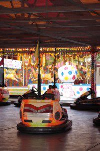 Amusement park bumper cars with rechargeable batteries.
