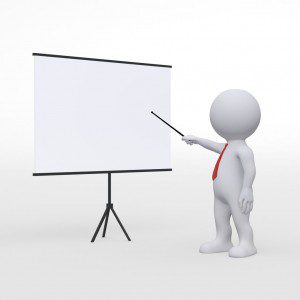 A 3D introverted man pointing at a whiteboard during a presentation.
