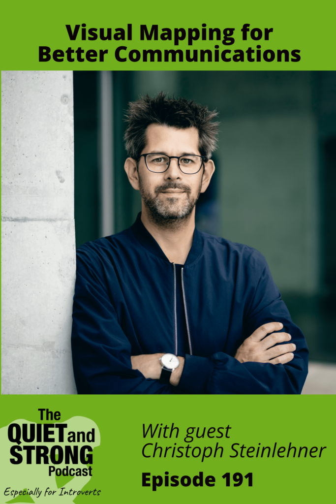 Image of a podcast cover titled "Visual Mapping for Better Communications" featuring Christoph Steinlehner on episode 191 of "The Quiet and Strong Podcast, Especially for Introverts".