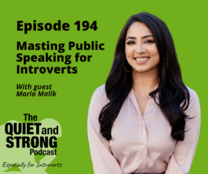 Maria Malik, a woman with long dark hair in a light blouse, stands against a green background as she shares insights in her podcast episode on public speaking for introverts.