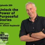 A man with folded arms, smiling against a green background. Text reads: "Episode 209. Unlock the Power of Purposeful Stories with guest Dr. Simon Raybould. The Quiet and Strong Podcast.