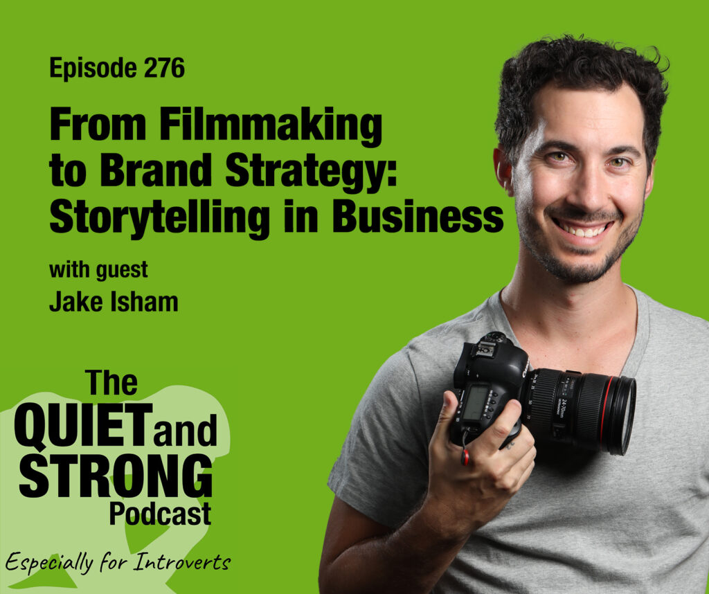A man holding a camera stands in front of a green background with text promoting episode 276 of The Quiet and Strong Podcast featuring guest Jake Isham.