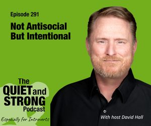 A man with light hair and a beard in a black shirt smiles in front of green background with text about “The Quiet and Strong Podcast” episode 291, hosted by David Hall, focused on introverts.
